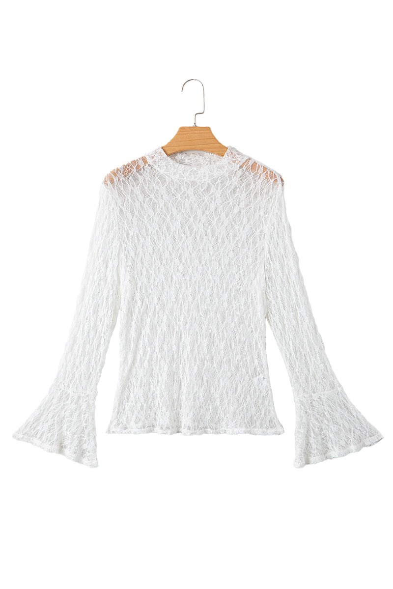 Sheer Lace Bell Sleeve Mock Neck Blouse