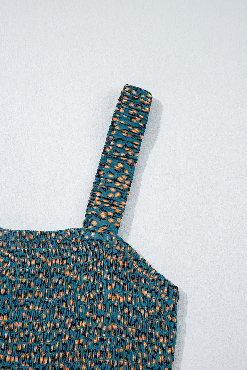 Floral Print Smocked High Waist Square Neck Jumpsuit