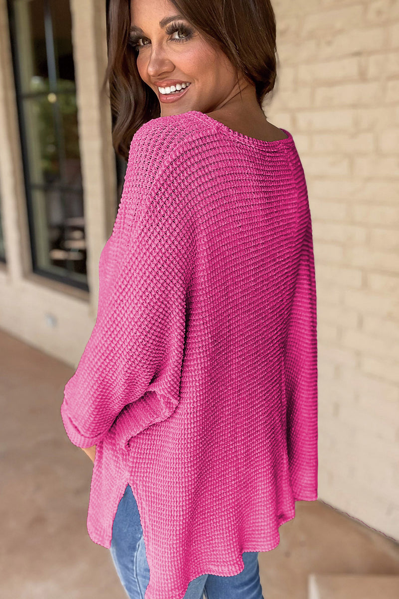Waffle Knit Side Slits Loose Fit V Neck Top