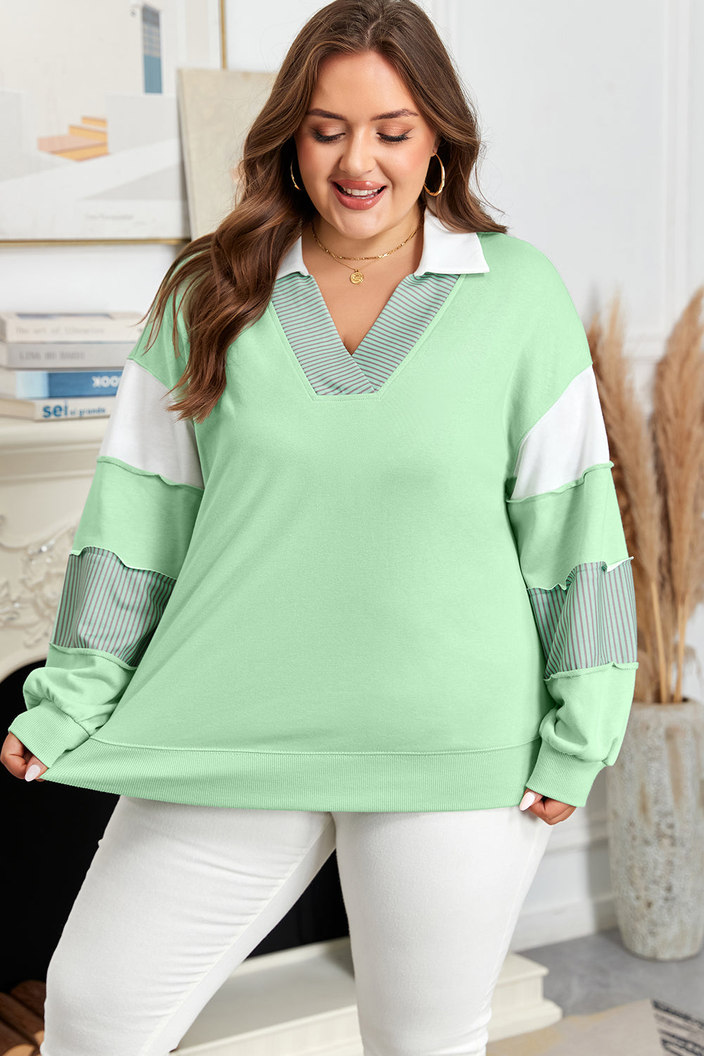 Light Green Color Block Striped Patchwork Collar V Neck Plus Size Sweatshirt