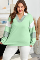 Light Green Color Block Striped Patchwork Collar V Neck Plus Size Sweatshirt