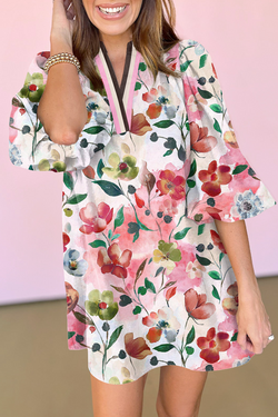 Floral Contrast Striped V Neck Puff Half Sleeve Shift Dress