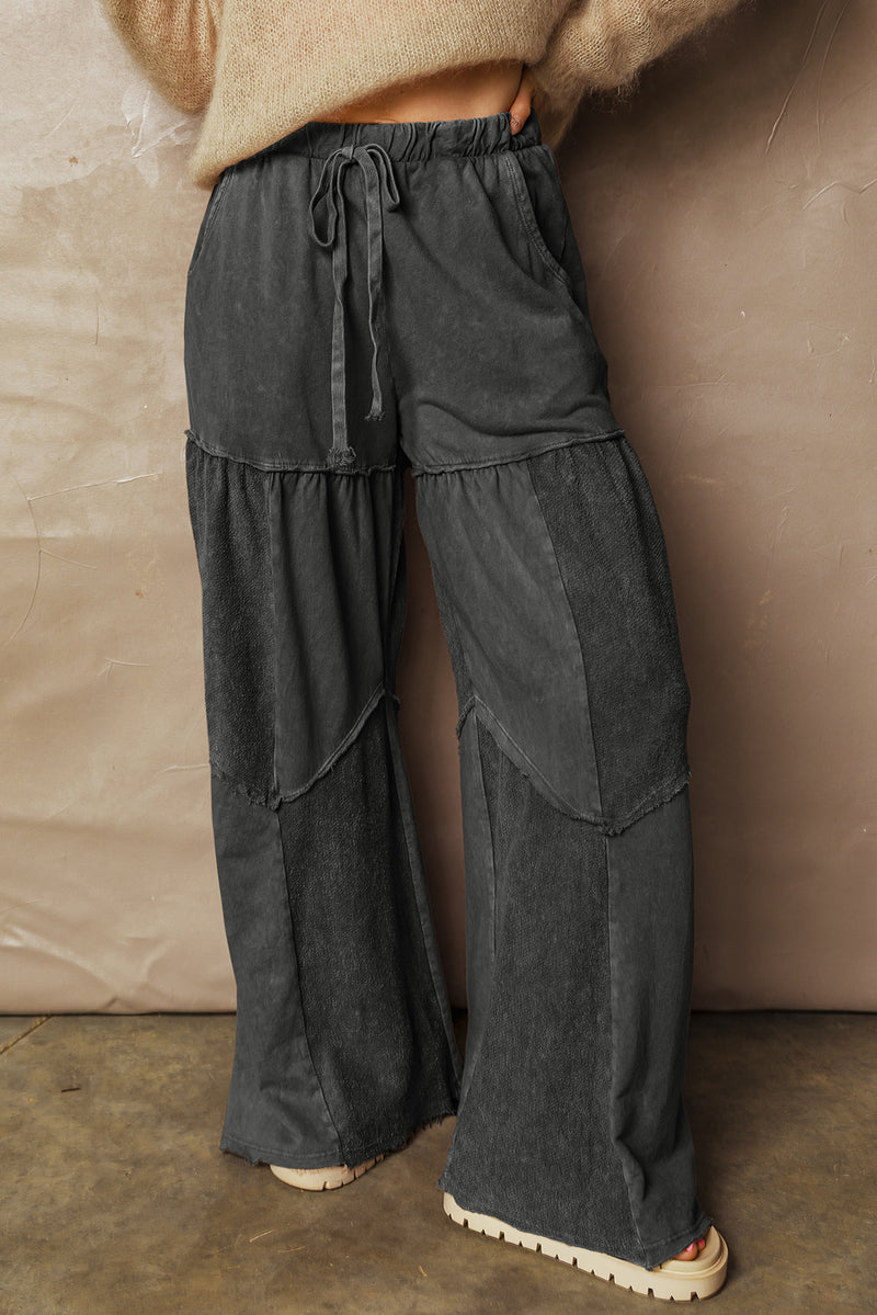 Mineral Wash Tiered Wide Leg Patchwork Drawstring Pants