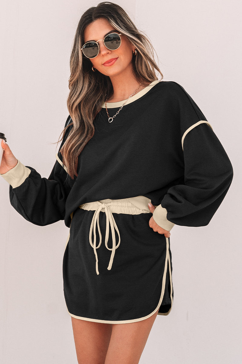 Color Contrast Loose Pullover and Lace-up Waist Skort Set