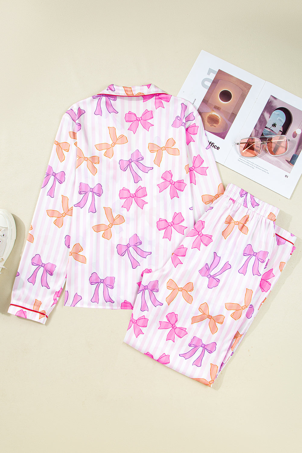 Striped Bow Print Contrast Piping Trim Shirt and Pants 2pcs Pajama Set