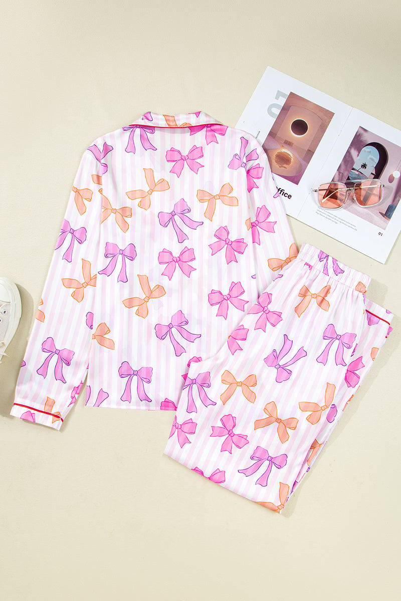 Striped Bow Print Contrast Piping Trim Shirt and Pants 2pcs Pajama Set