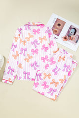 Striped Bow Print Contrast Piping Trim Shirt and Pants 2pcs Pajama Set