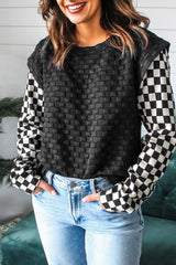 Plaid Textured Contrast Checkered Patchwork Long Sleeve Top
