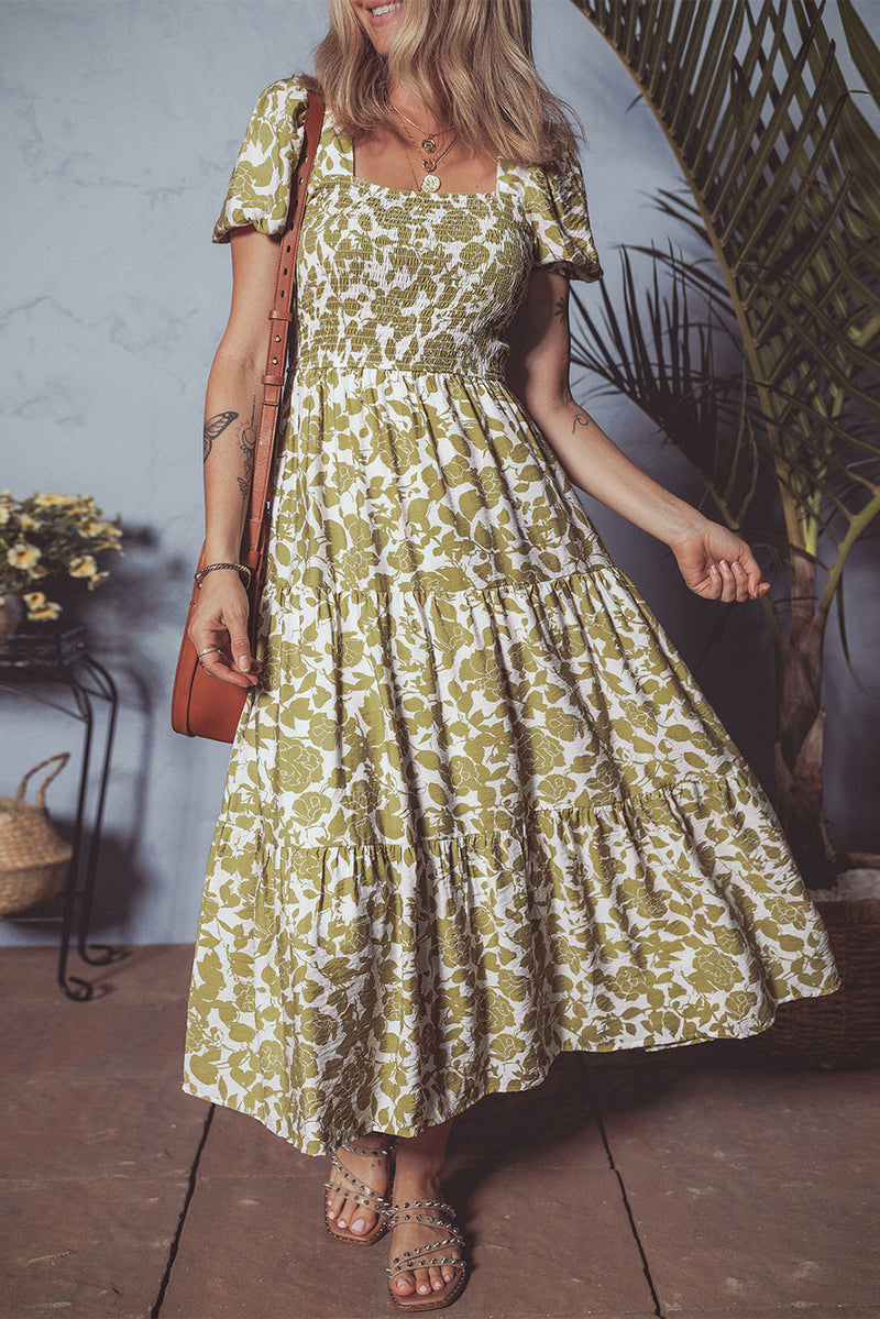 Boho Floral Square Neck Smocked Bust Puff Sleeve Tiered Long Dress