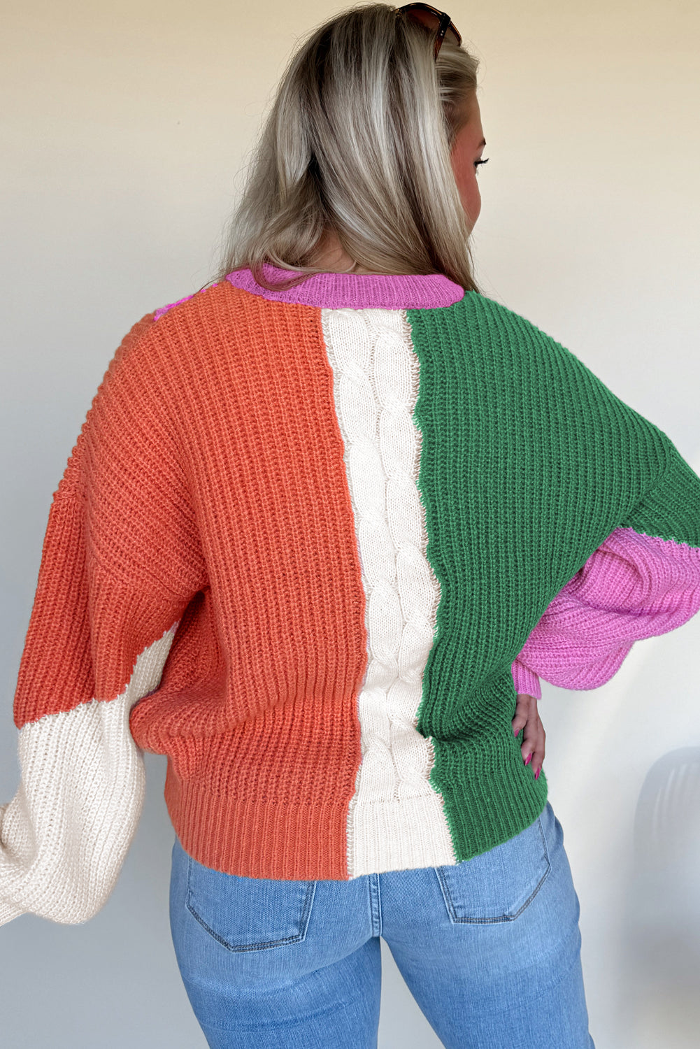 Color Block Textured Knit Drop Shoulder Loose Fit Sweater