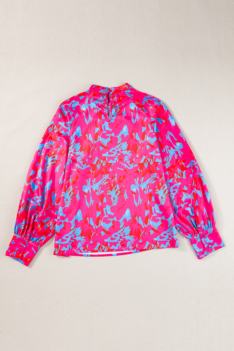 Printed Bubble Sleeve Mock Neck Blouse