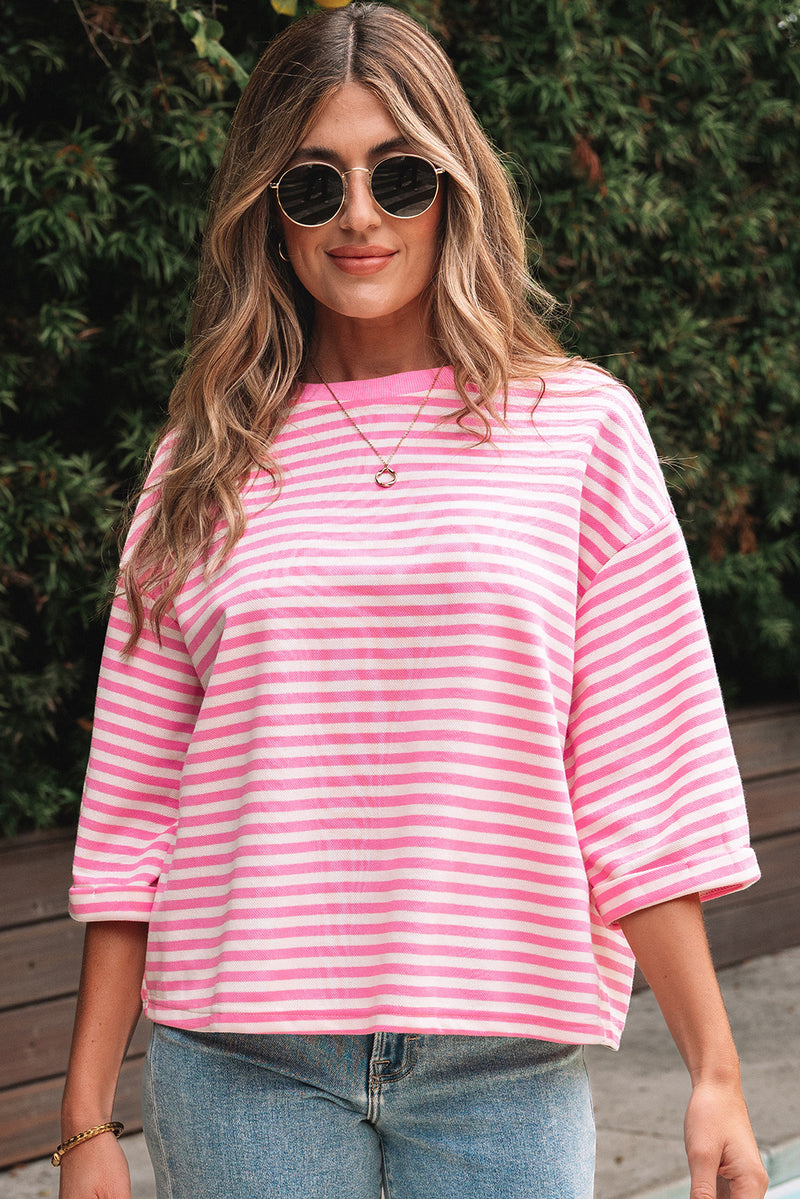 Stripe Bowknot Cutout Back Drop Shoulder Wide Bracelet Sleeve Loose Tee