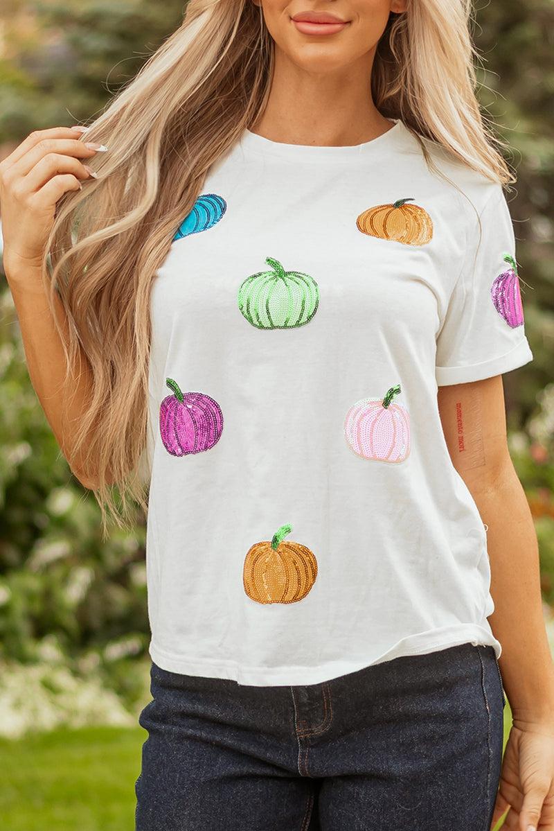 Sequin Pumpkin Patched Cotton Blend T Shirt