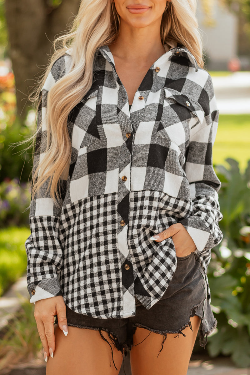 Double Plaid Patchwork Drawstring Hooded Shacket
