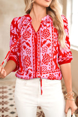 Abstract Floral Print Tie Neck Button Decor 3/4 Sleeve Blouse