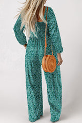 Floral Print Western Smocked Bodice Square Neck Wide Leg Jumpsuit