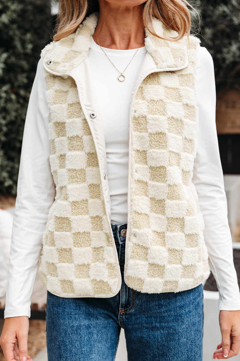 Sherpa Checkerboard Snap Button Vest Jacket With Pocket