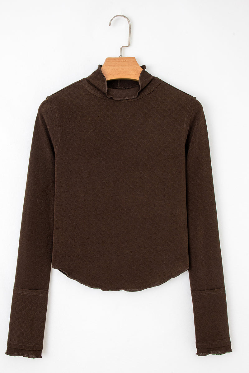 Brown Lettuce Trim Raw Seam Patchwork Jacquard Long Sleeve Top