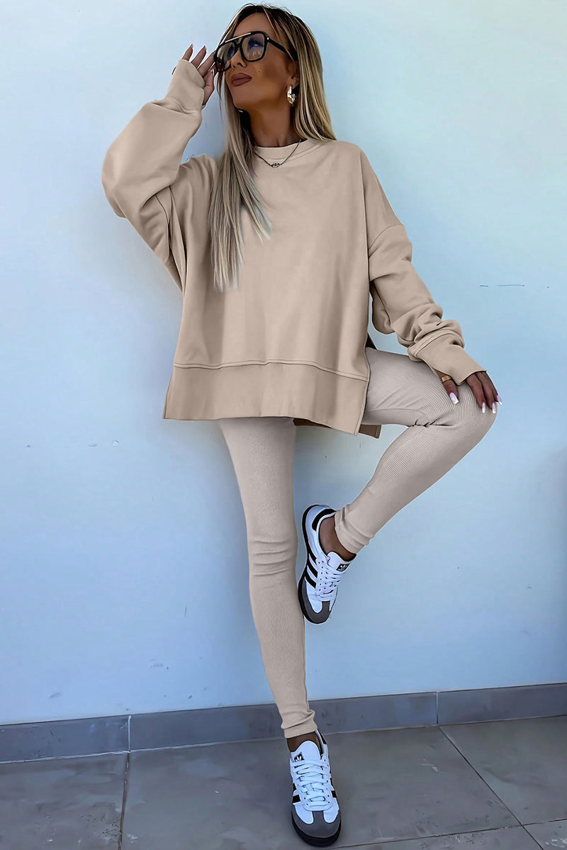 Beige Solid Color Oversize Slit Sweatshirt Ribbed Leggings 2pcs Set