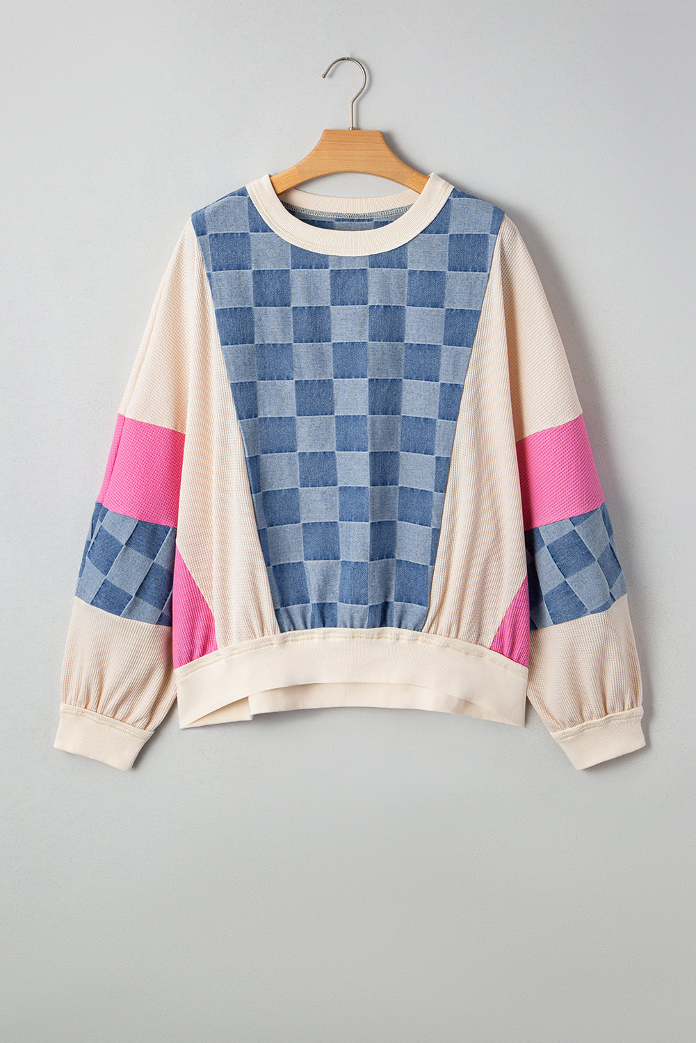 Oversized Checkered Denim Exposed Seam Patchwork Casual Sweatshirt