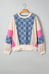 Oversized Checkered Denim Exposed Seam Patchwork Casual Sweatshirt