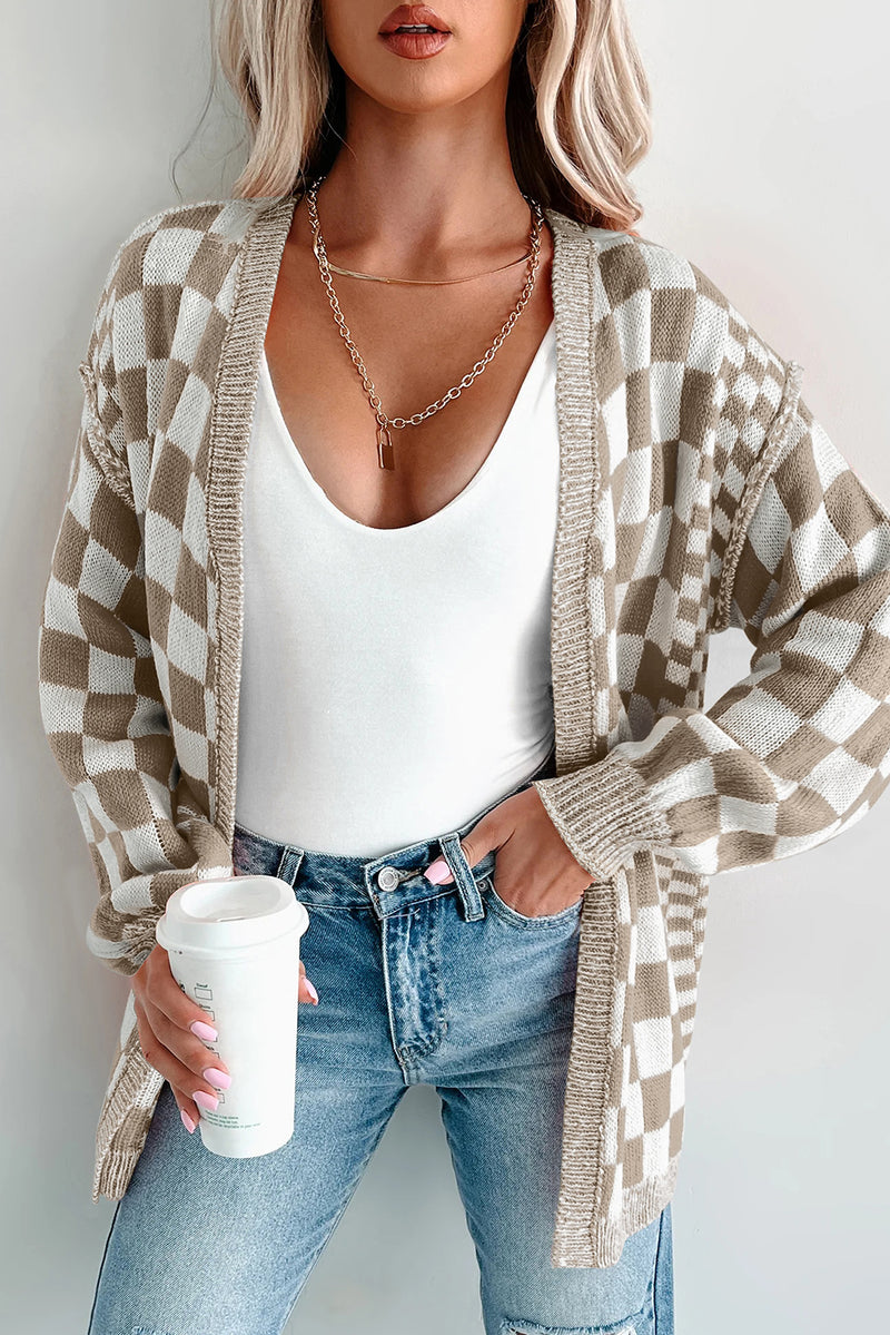 Checkered Open Front Drop Shoulder Cardigan