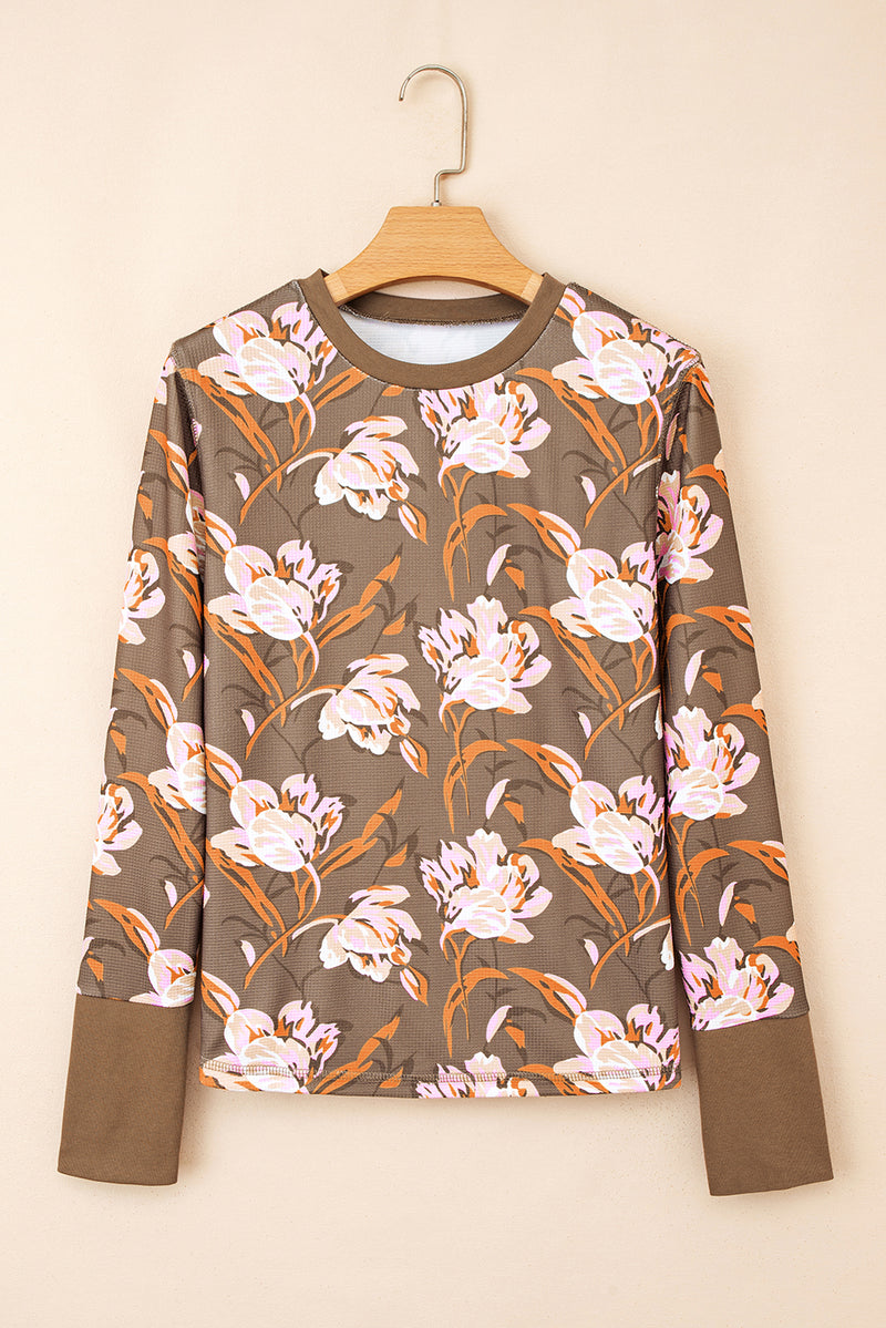 Floral Print Waffle Textured Long Sleeve Top