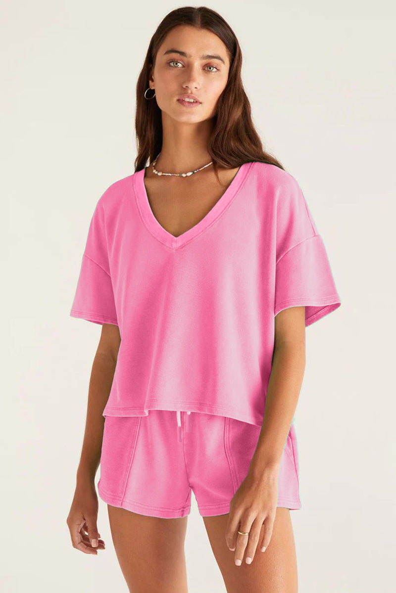 V Neck Drop Shoulder Tee and Patchwork Drawstring Shorts Set