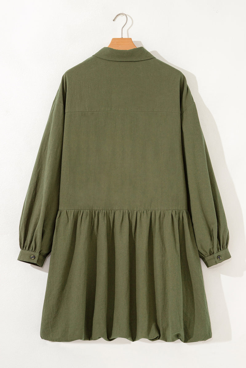 Four Leaf Clover Plus Size Collar Half Button Long Sleeve Ruffle Hem Mini Dress