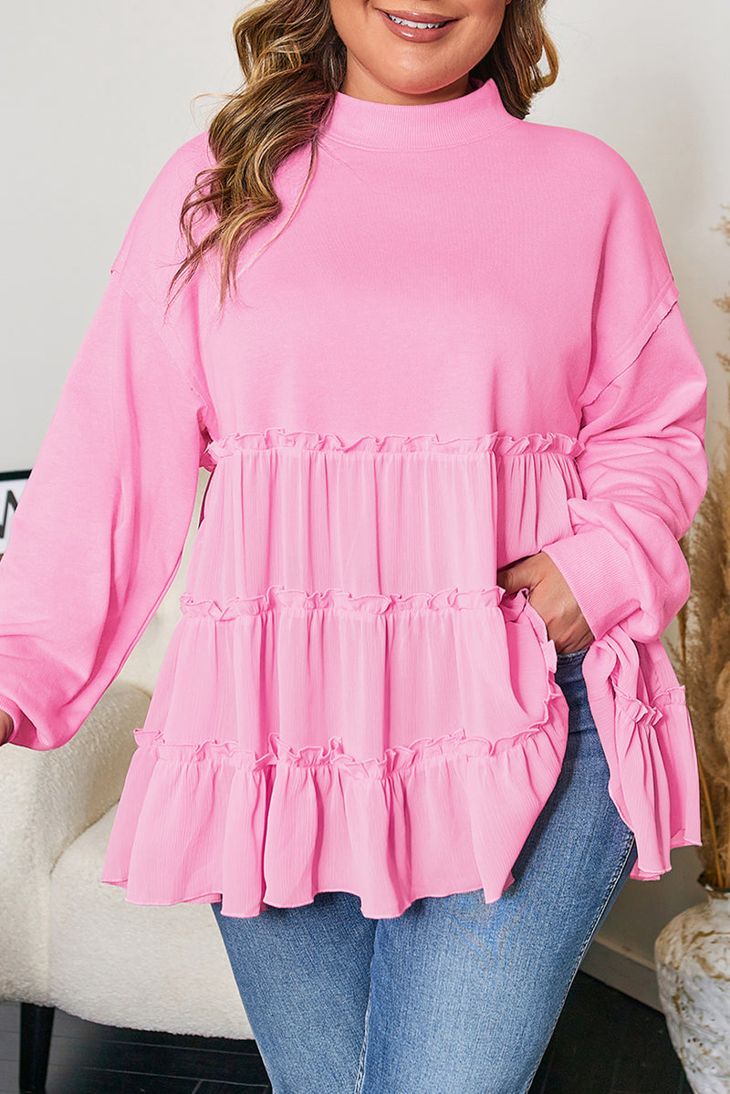 Tiered Ruffle Ribbed Crew Neck Pullover Plus Size Top