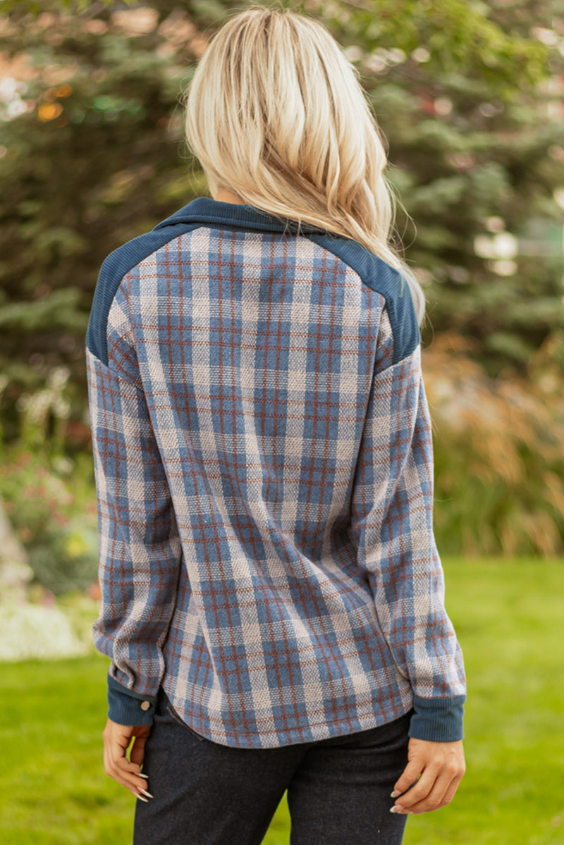 Plaid Corduroy Patchwork Collared Zip Up Snap Button Jacket