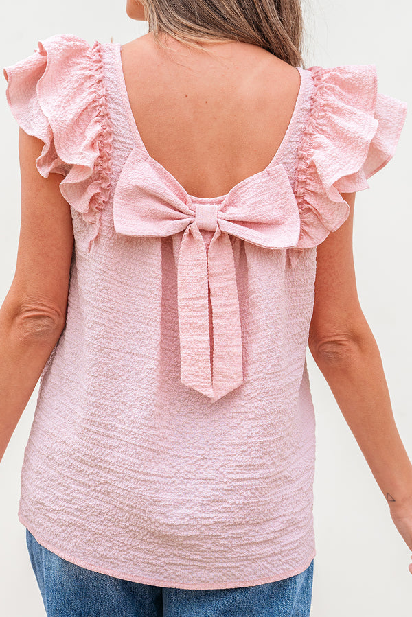 Stylish Back Textured Bow Knot Frilled Butterfly Sleeve Blouse