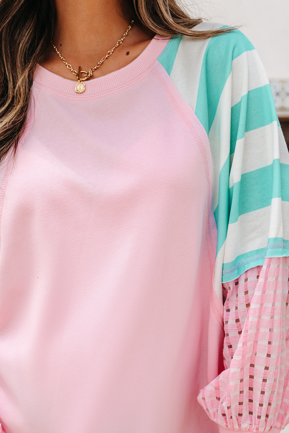 Striped Colorblock Patchwork Raglan Pullover Top with Slits