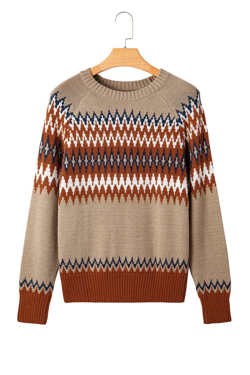 Aztec Print Colorblock Crew Neck Sweater