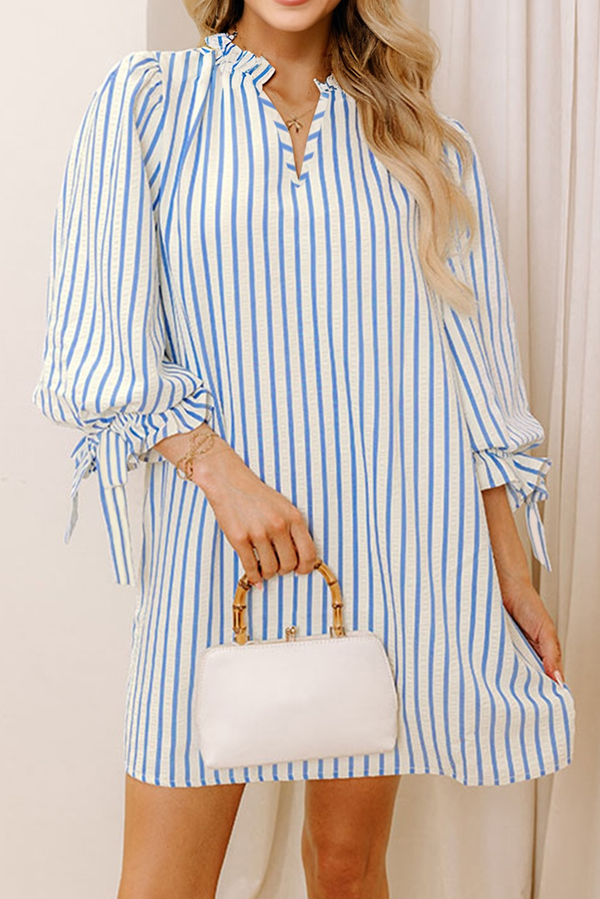 Stripe Knotted Bracelet Sleeve Notched Neck Shift Mini Dress