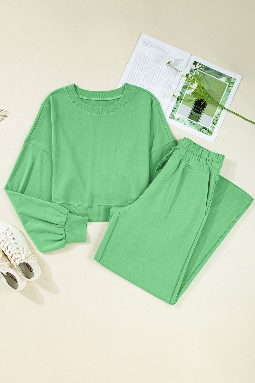 Drop Shoulder Puff Sleeve Crop Pullover Drawstring Wide Leg Pants Set