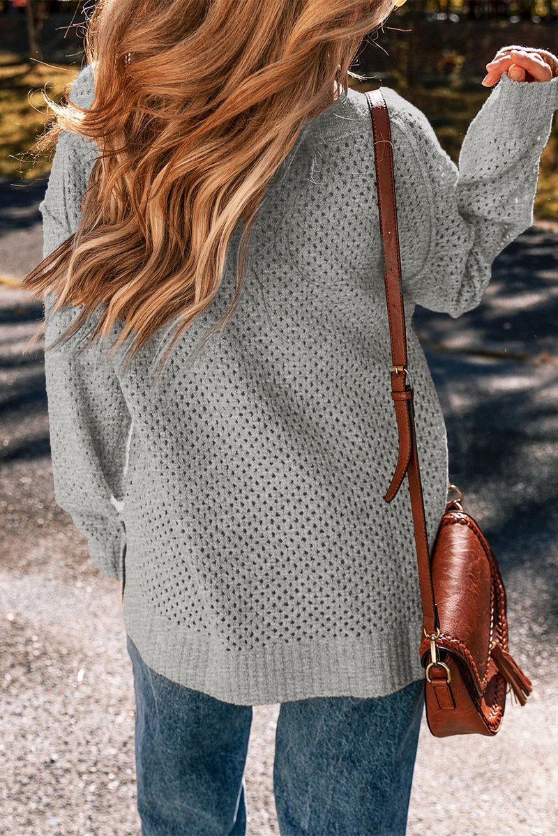 Solid Loose Eyelet V Neck Drop Shoulder Sweater