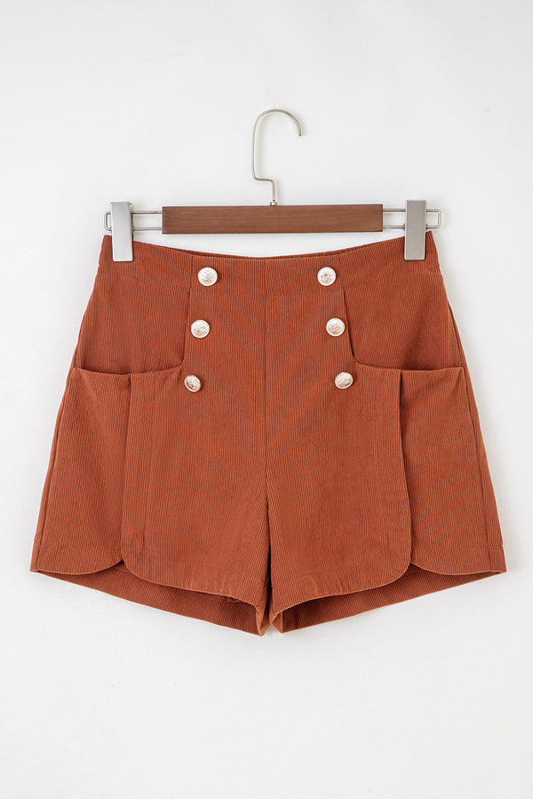 Button Decor Scalloped Edge High Waist Corduroy Shorts