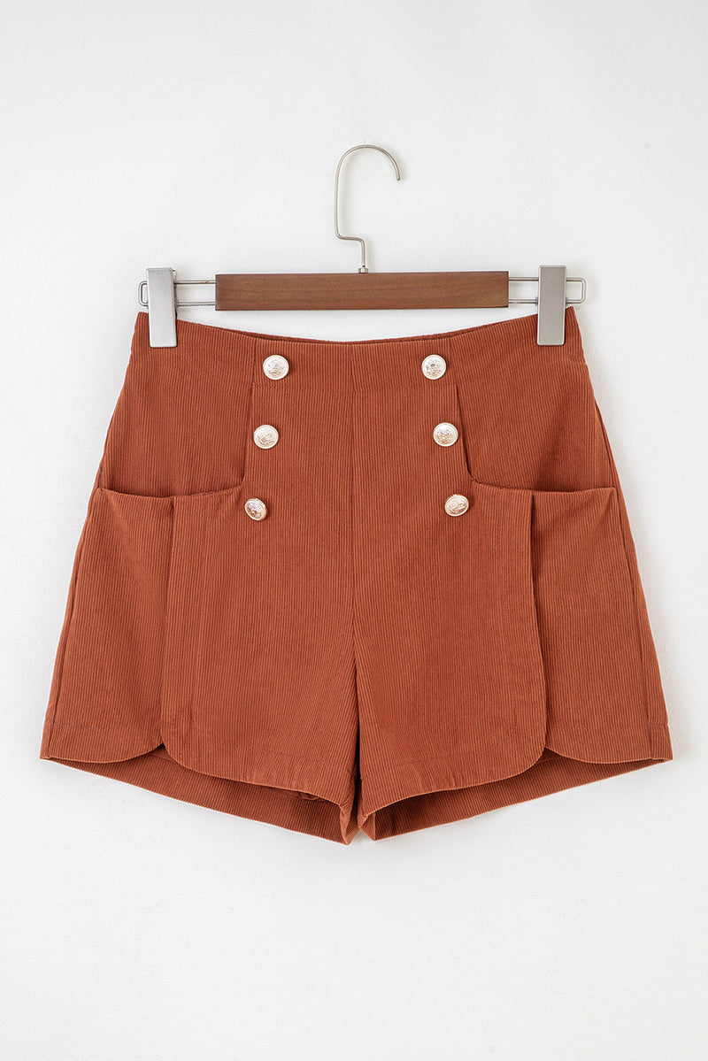 Button Decor Scalloped Edge High Waist Corduroy Shorts