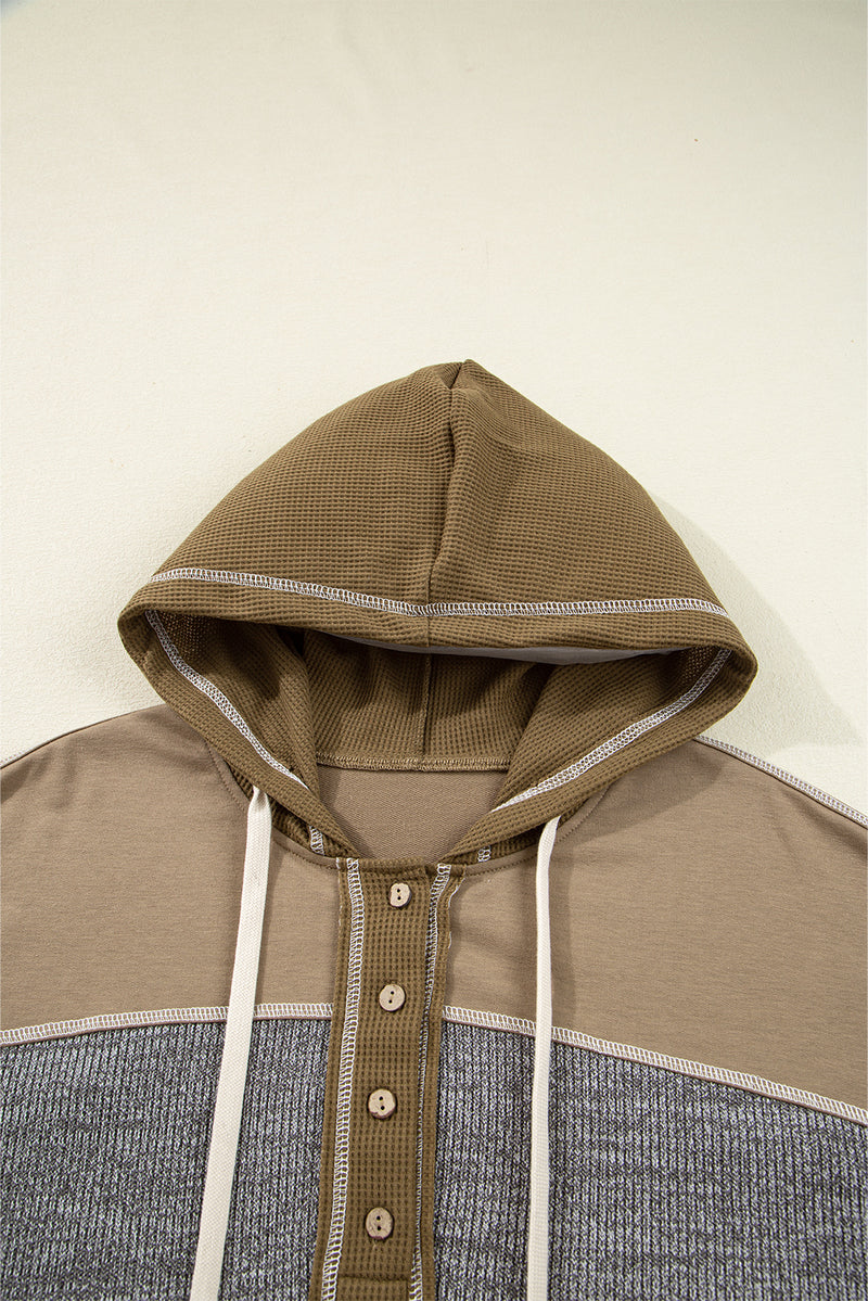 Mixed Texture Patchwork Exposed Seam Half Button Pullover Hooded Sweatshirt