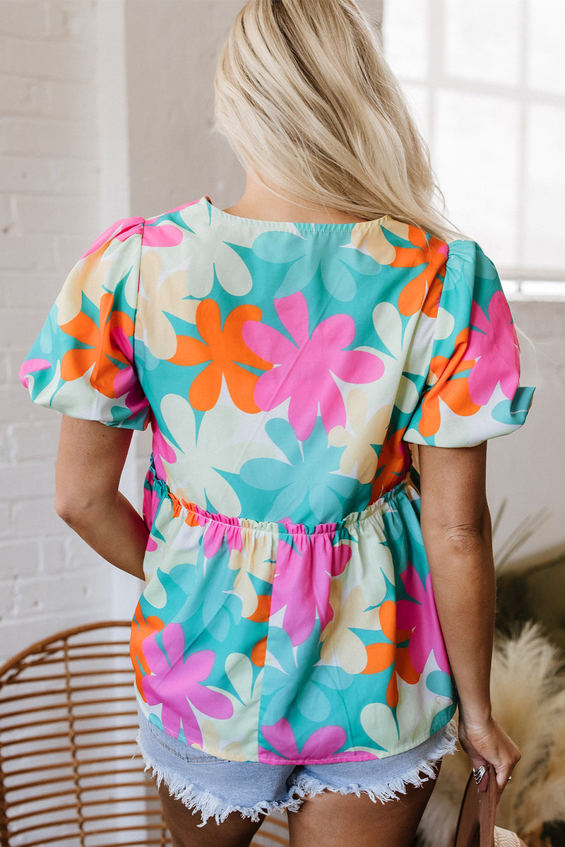 Multicolored Floral Print Bubble Sleeve V Neck Peplum Blouse