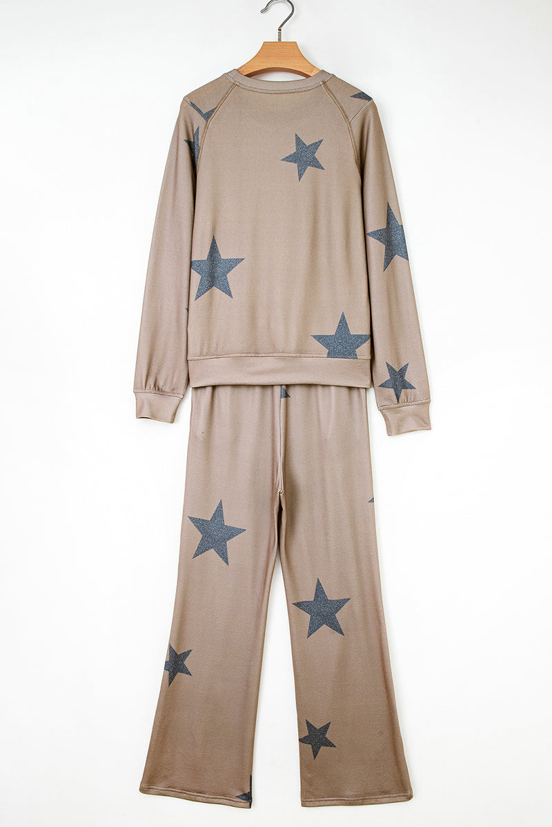 Retro Star Print Loose Long Sleeve Drawstring Wide Leg 2pcs Lounge Set