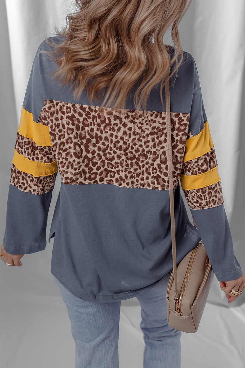 Leopard Colorblock Patchwork Long Sleeve Drop Shoulder Top