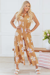Floral Print Sleeveless Button up Wide Leg Loose Jumpsuit