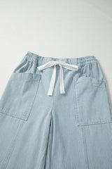 Stripe Mid Rise Drawstring Waist Jeans