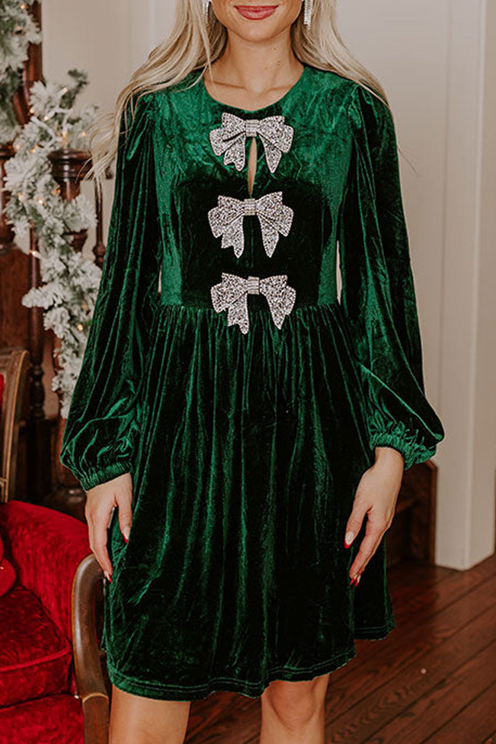 Bowknot Decor High Waist Velvet Mini Dress