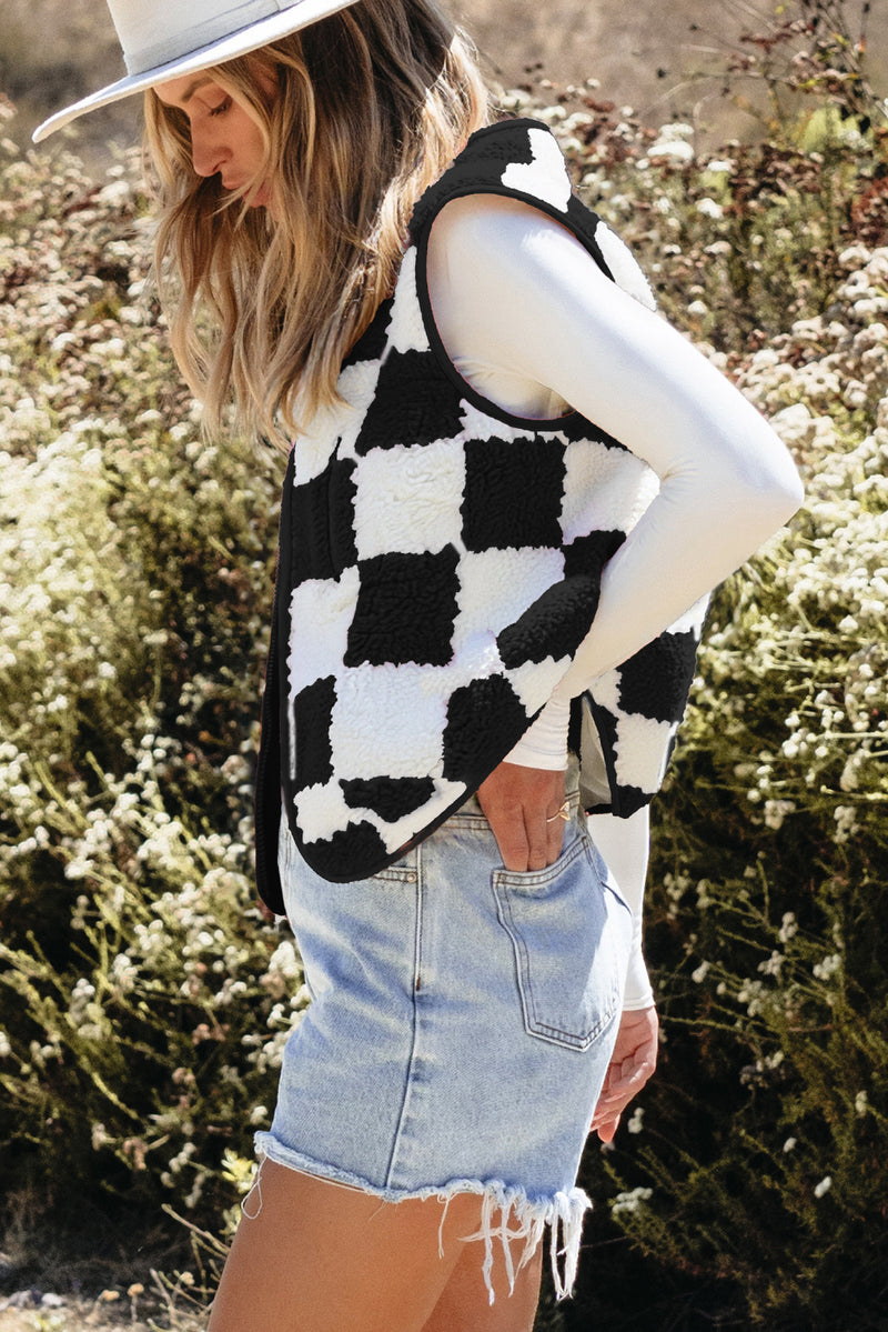 Checkered Sherpa Collared Jacket Vest