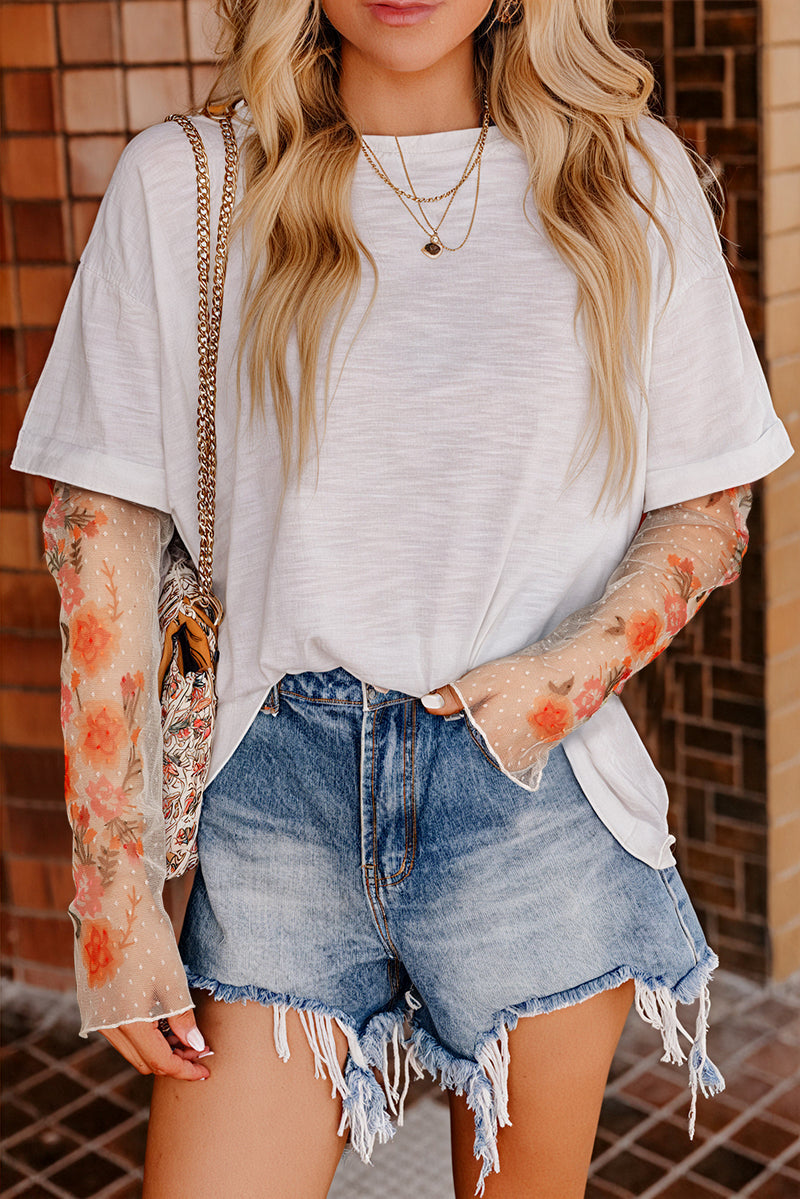Solid Faux Two Piece Floral Long Sleeve Patchwork Tee