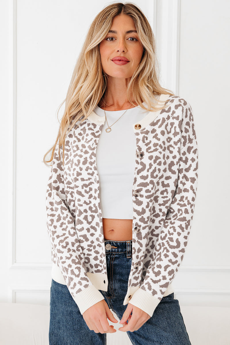 Leopard Drop Shoulder Chunky Knitted Cardigan Sweater