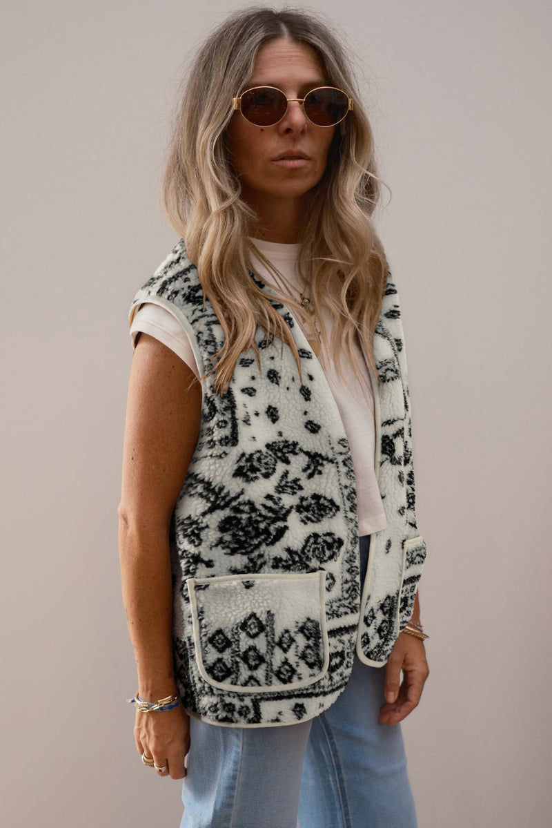 Sherpa Paisley Print Pocketed Western Fashion Vest Jacket